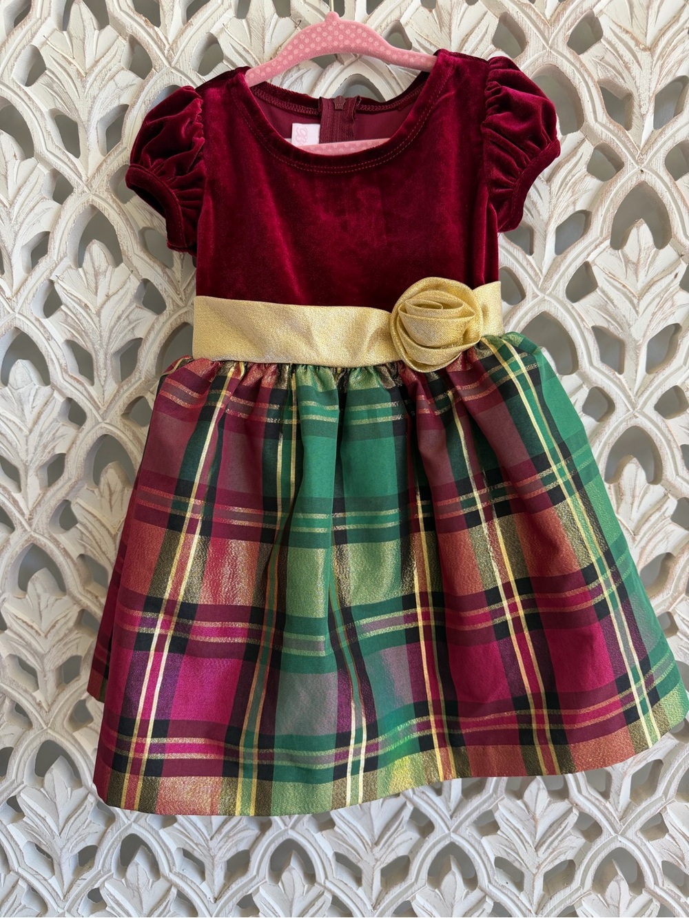 Bonnie Baby Girls 18M Burgundy Velvet Plaid Christmas Holiday Dress